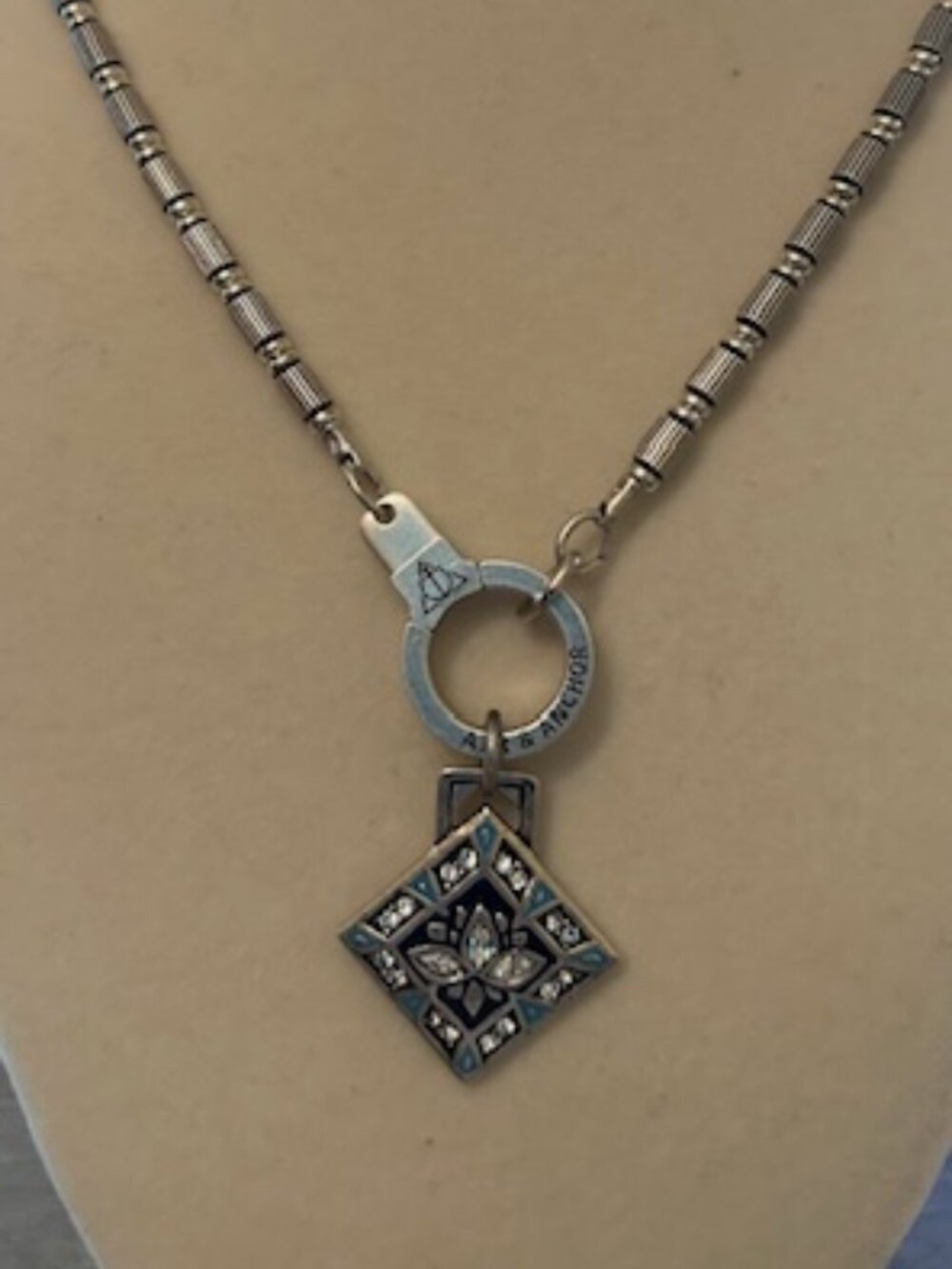 Air & Anchor Lotus Flower Necklace Blue Crystal Pendant Silver Tone Minimalist - Picture 3 of 9